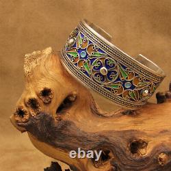 Sterling Silver Cuff Bracelet with Blue, Gold and Green Enamel