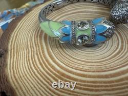 Sterling Silver Enamel Green Blue Gem Bracelet Cuff Rare