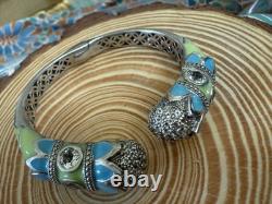 Sterling Silver Enamel Green Blue Gem Bracelet Cuff Rare