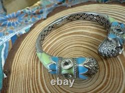 Sterling Silver Enamel Green Blue Gem Bracelet Cuff Rare