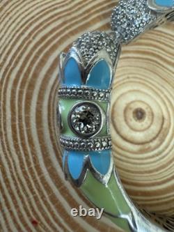 Sterling Silver Enamel Green Blue Gem Bracelet Cuff Rare