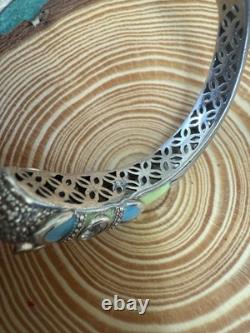 Sterling Silver Enamel Green Blue Gem Bracelet Cuff Rare
