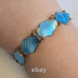 Sterling Silver Floral Panel Bracelet 18.71g Fine Jewelry 7 Blue Enamel Leaves