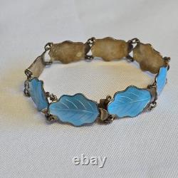 Sterling Silver Floral Panel Bracelet 18.71g Fine Jewelry 7 Blue Enamel Leaves