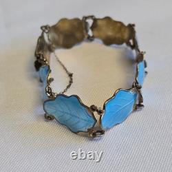 Sterling Silver Floral Panel Bracelet 18.71g Fine Jewelry 7 Blue Enamel Leaves