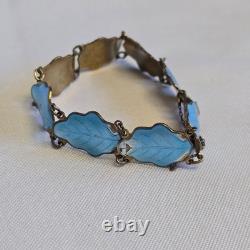 Sterling Silver Floral Panel Bracelet 18.71g Fine Jewelry 7 Blue Enamel Leaves