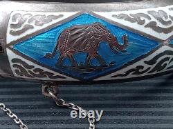 Sterling Silver Hinged Bangle Bracelet w. Blue & White Enamel Inlay, Elephants +