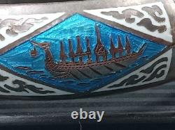 Sterling Silver Hinged Bangle Bracelet w. Blue & White Enamel Inlay, Elephants +