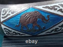 Sterling Silver Hinged Bangle Bracelet w. Blue & White Enamel Inlay, Elephants +