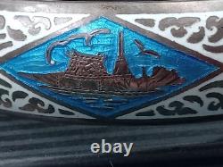 Sterling Silver Hinged Bangle Bracelet w. Blue & White Enamel Inlay, Elephants +