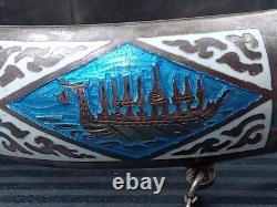 Sterling Silver Hinged Bangle Bracelet w. Blue & White Enamel Inlay, Elephants +