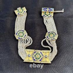 Sterling Silver Multi Strand Blue Enamel Panels Bracelet Size 7.25'' Length