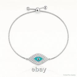 Sterling Silver Rhodium-Plated CZ Blue Enamel Eye Adjustable Bracelet