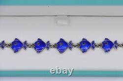 Sterling Silver Volmer Bahner Blue Enamel Fish Bracelet 6.5 Made in Denmark