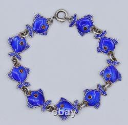 Sterling Silver Volmer Bahner Blue Enamel Fish Bracelet 6.5 Made in Denmark