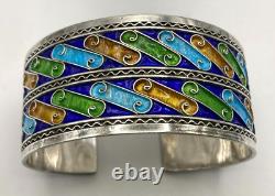 Sterling Silver Wide Blue Green and Brown Colorful Enamel Cuff Bracelet