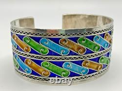 Sterling Silver Wide Blue Green and Brown Colorful Enamel Cuff Bracelet