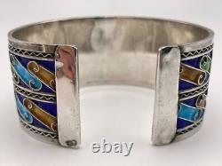 Sterling Silver Wide Blue Green and Brown Colorful Enamel Cuff Bracelet