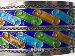 Sterling Silver Wide Blue Green and Brown Colorful Enamel Cuff Bracelet