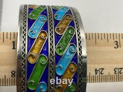 Sterling Silver Wide Blue Green and Brown Colorful Enamel Cuff Bracelet