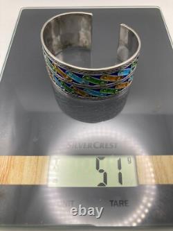 Sterling Silver Wide Blue Green and Brown Colorful Enamel Cuff Bracelet