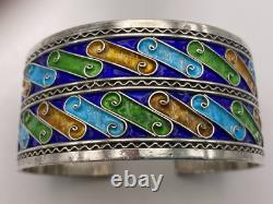 Sterling Silver Wide Blue Green and Brown Colorful Enamel Cuff Bracelet