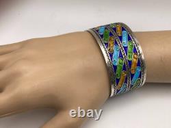 Sterling Silver Wide Blue Green and Brown Colorful Enamel Cuff Bracelet