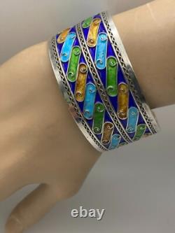 Sterling Silver Wide Blue Green and Brown Colorful Enamel Cuff Bracelet