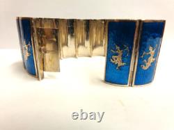 Sterling Silver blue enamel Siam Bracelet sz 7 in wgt 66.6 grams 1.25 in wide