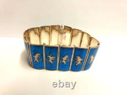 Sterling Silver blue enamel Siam Bracelet sz 7 in wgt 66.6 grams 1.25 in wide