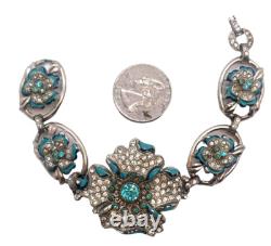 Stunning Blue Enameled & Rhinestone Inset Flower Art Deco Link Bracelet