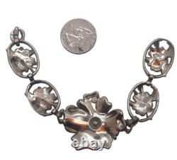 Stunning Blue Enameled & Rhinestone Inset Flower Art Deco Link Bracelet