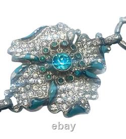 Stunning Blue Enameled & Rhinestone Inset Flower Art Deco Link Bracelet