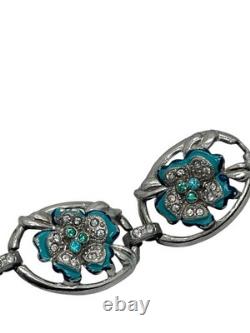 Stunning Blue Enameled & Rhinestone Inset Flower Art Deco Link Bracelet