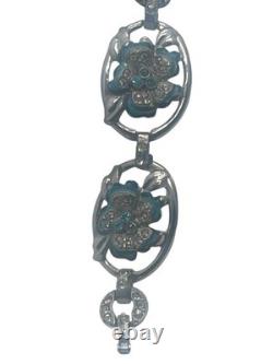 Stunning Blue Enameled & Rhinestone Inset Flower Art Deco Link Bracelet