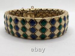 ^ Stunning CINER Enamel Blue Green Cream Harlequin design Bracelet 7 signed