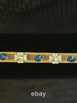 Stunning Estate Find Florenza Gold Tone Mesh Bracelet Enamel Flowers Blue Stone