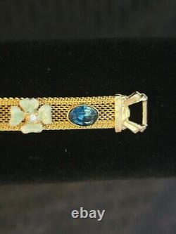 Stunning Estate Find Florenza Gold Tone Mesh Bracelet Enamel Flowers Blue Stone