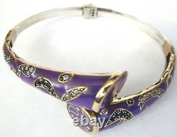 Stunning Sterling Silver Purple Enamel Geunine Blue & Ice Stone Clamper Bracelet