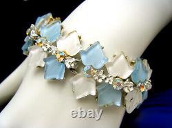 Stunning Vintage BSK Bracelet White Blue Lucite AB Rhinestone Enamel