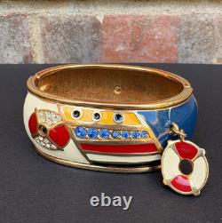 Swarovski Crystal Bracelet Wide Hinged Gold Tone Enamel Charm Cuff Nautical