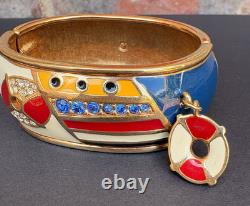 Swarovski Crystal Bracelet Wide Hinged Gold Tone Enamel Charm Cuff Nautical