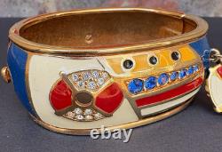 Swarovski Crystal Bracelet Wide Hinged Gold Tone Enamel Charm Cuff Nautical