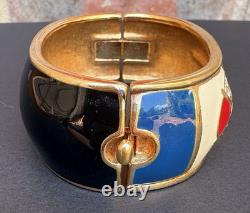 Swarovski Crystal Bracelet Wide Hinged Gold Tone Enamel Charm Cuff Nautical