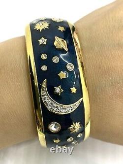 Swarovski Swan Signed Gold Blue Enamel Celestial Stars Moon Bangle Bracelet