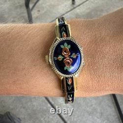 Swiss made blue green red enamel flower peekaboo watch bracelet gold tone