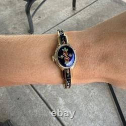 Swiss made blue green red enamel flower peekaboo watch bracelet gold tone