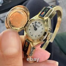 Swiss made blue green red enamel flower peekaboo watch bracelet gold tone