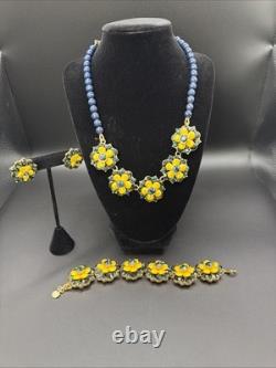 TALBOTS Floral Statement Necklace Bracelet Earrings Jewelry Set Yellow Dusty Blu
