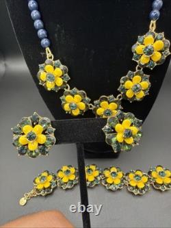 TALBOTS Floral Statement Necklace Bracelet Earrings Jewelry Set Yellow Dusty Blu